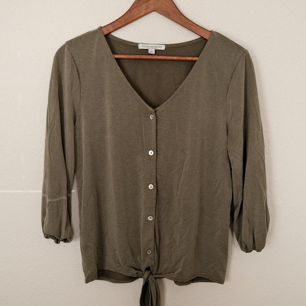 Olive Button Up Tie Blouse